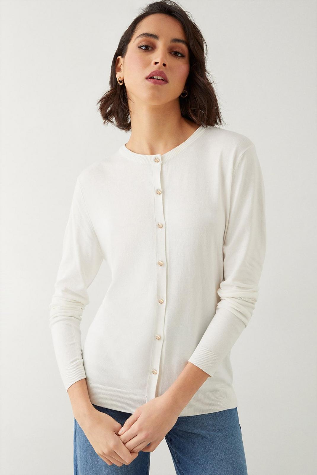 Ivory Tall Button Through Crew Neck Knitted Cardigan image number 1