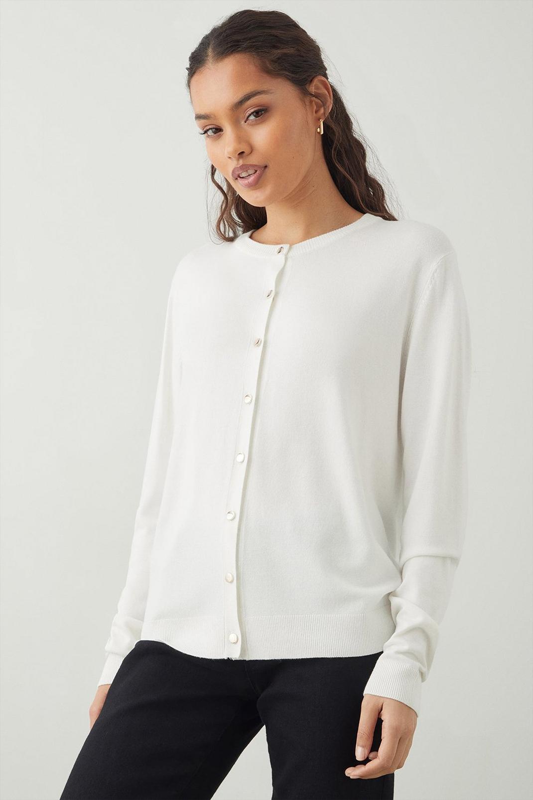 Ivory Petite Button Through Crew Neck Knitted Cardigan  image number 1