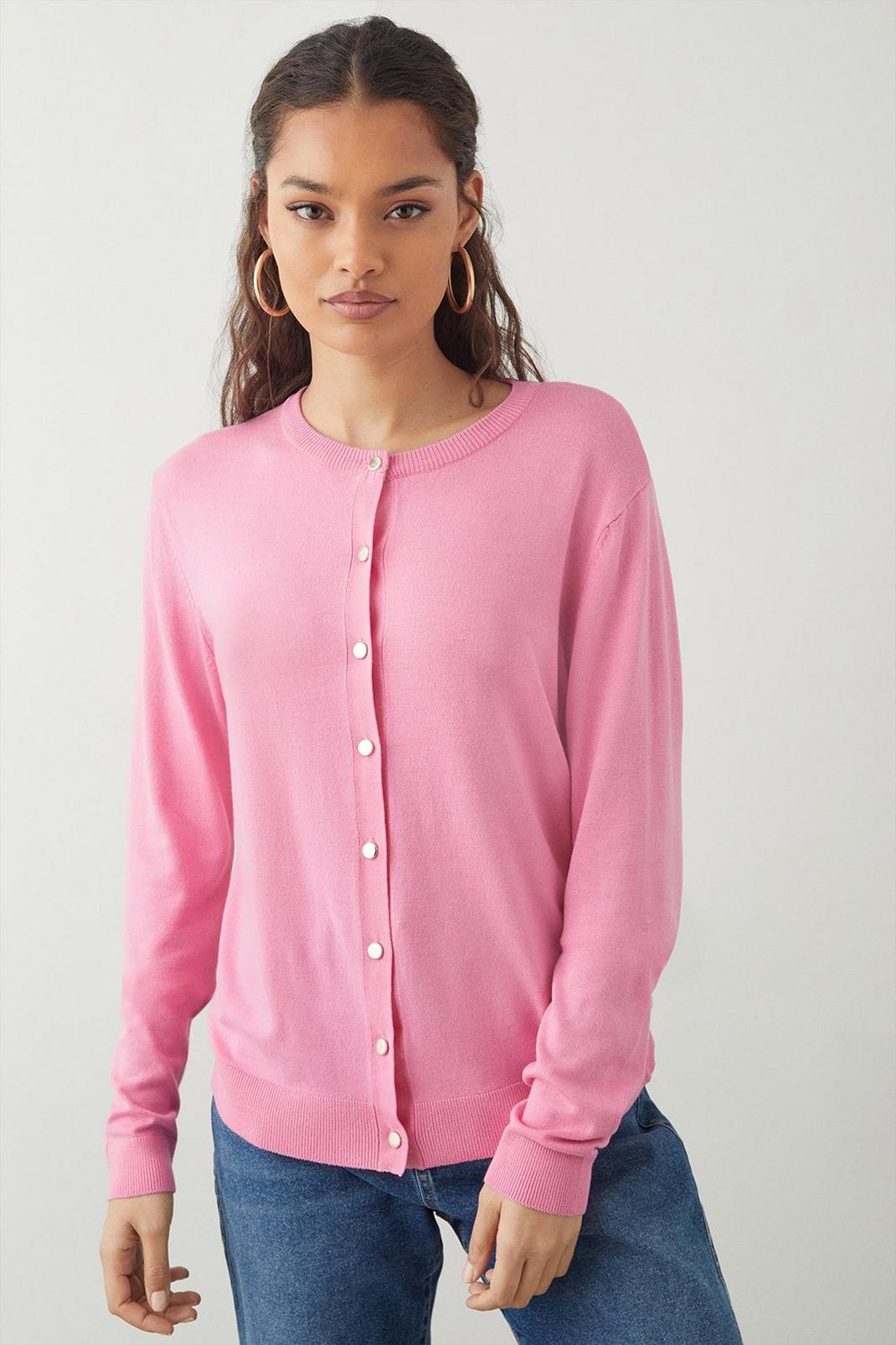Pink Petite Button Through Crew Neck Knitted Cardigan image number 1