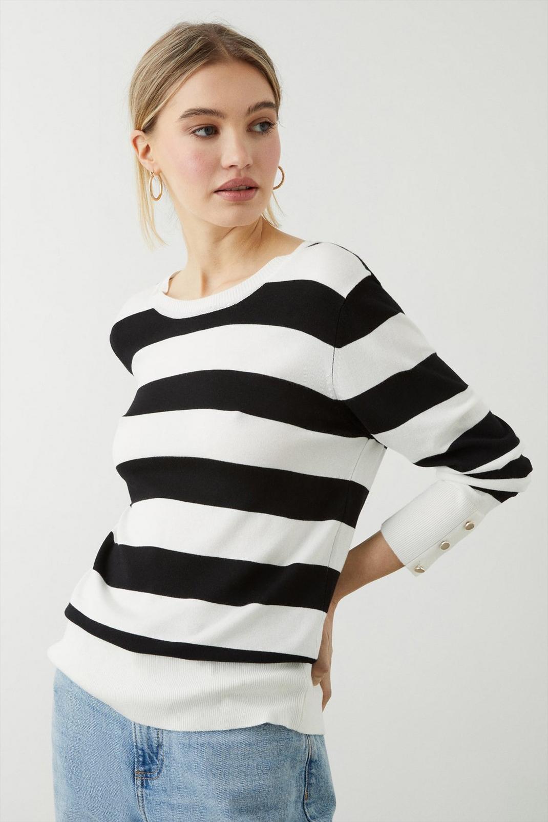Black Stripe Button Cuff Knitted Jumper image number 1