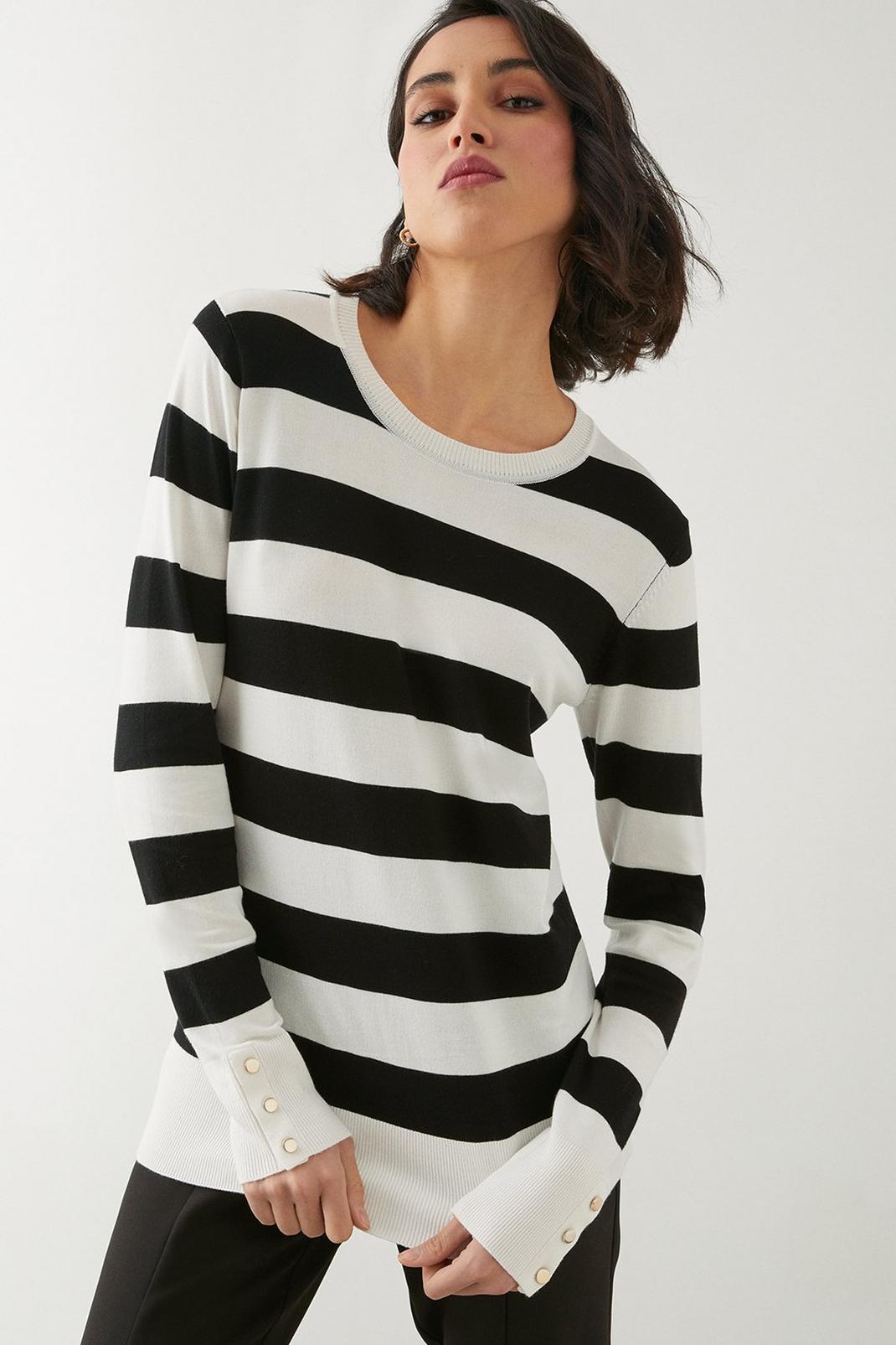 Black Tall Stripe Button Cuff Knitted Jumper image number 1