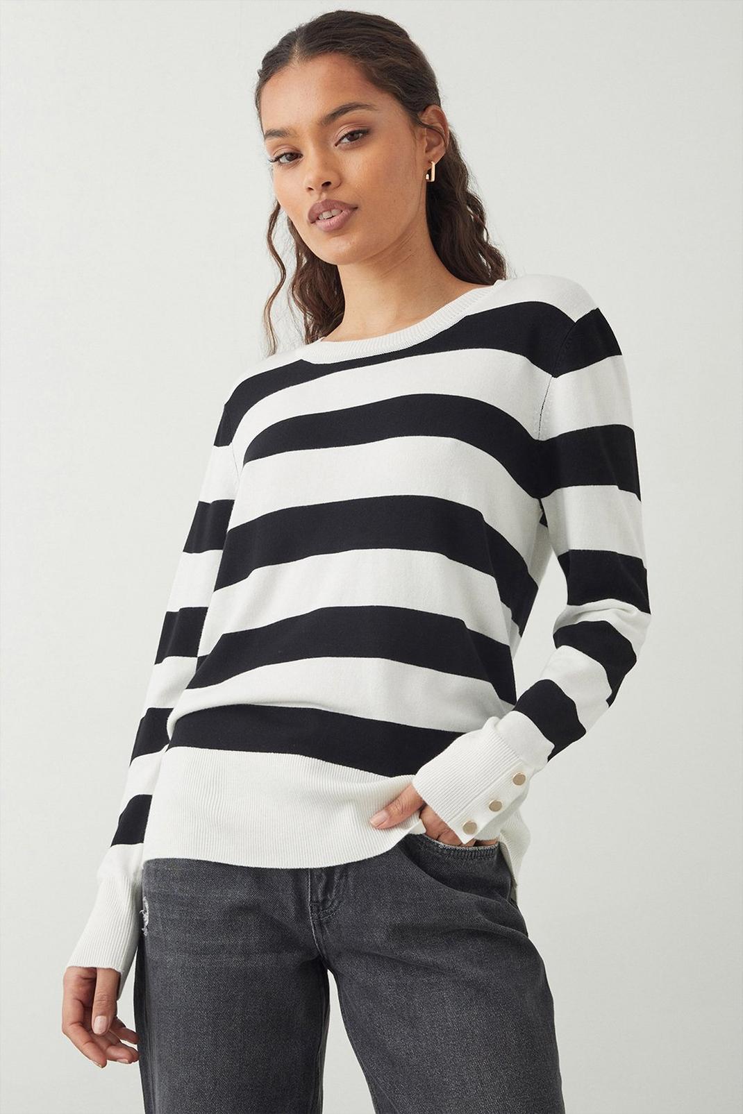 Black Petite Stripe Button Cuff Knitted Jumper image number 1