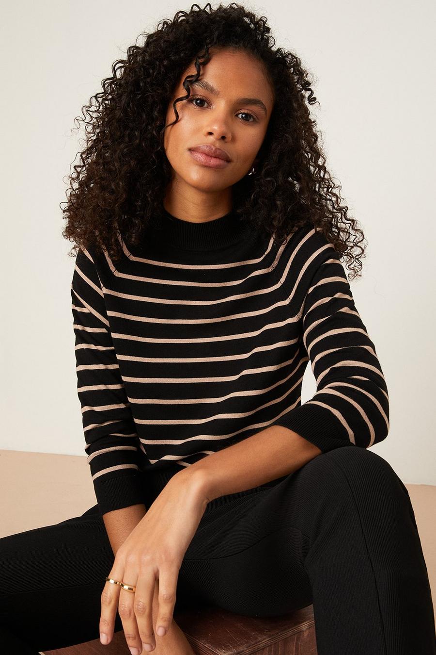 Stripe 3/4 Sleeve High Neck Knitted Top