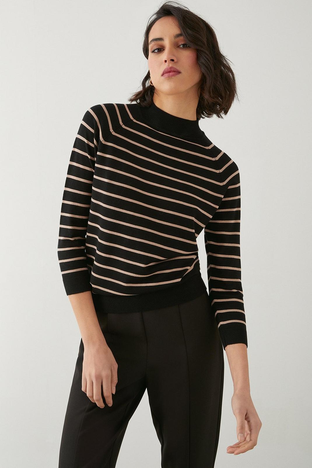 Black Tall Stripe 3/4 Sleeve High Neck Top image number 1