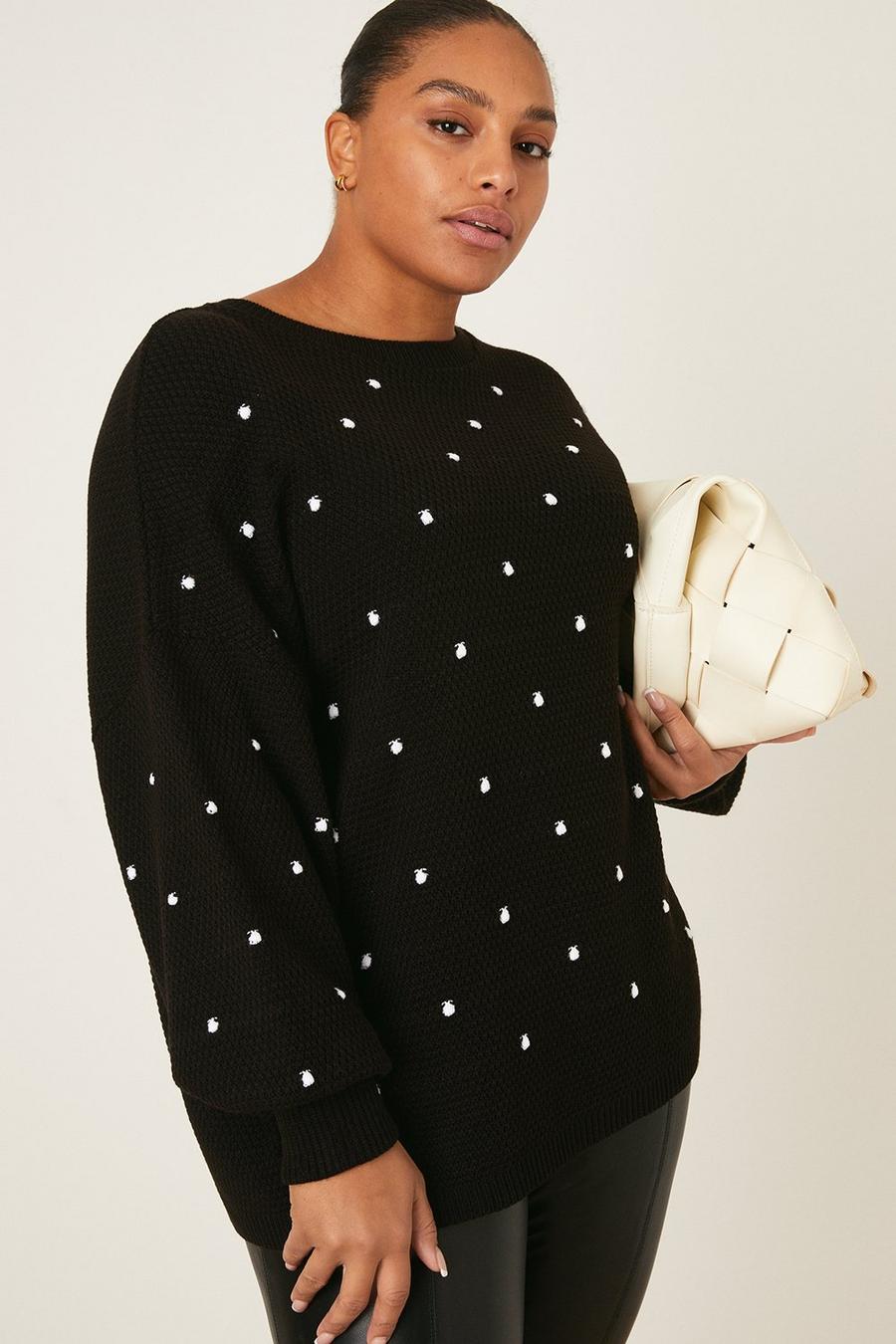 Curve  Embroidered Spot Knitted Jumper