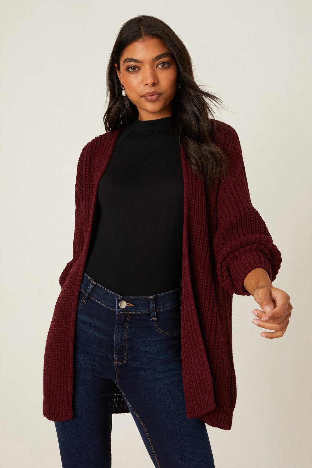 Burgundy Chunky Knitted Cardigan  image number 1