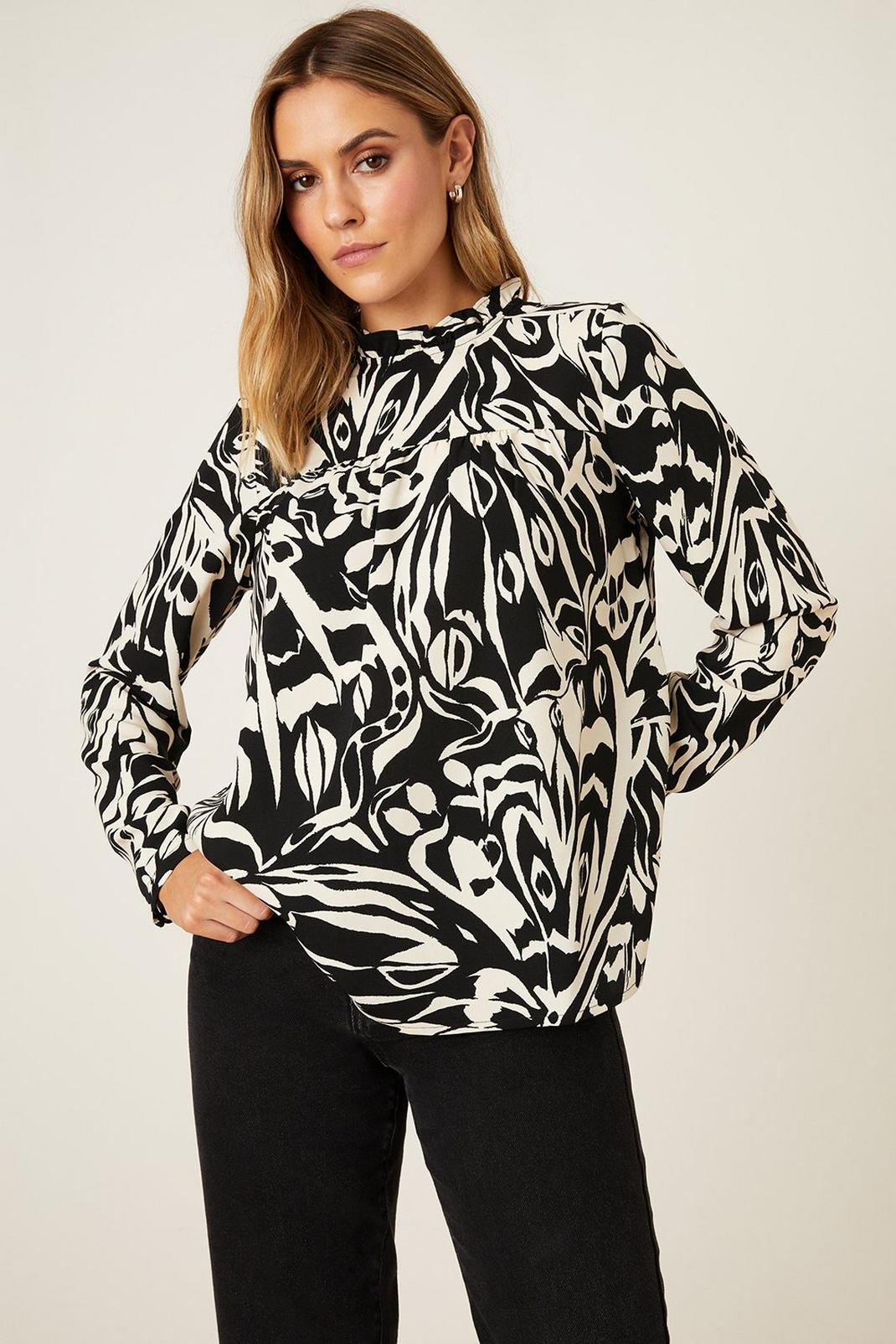 Mono Print High Neck Puff Sleeve Top image number 1