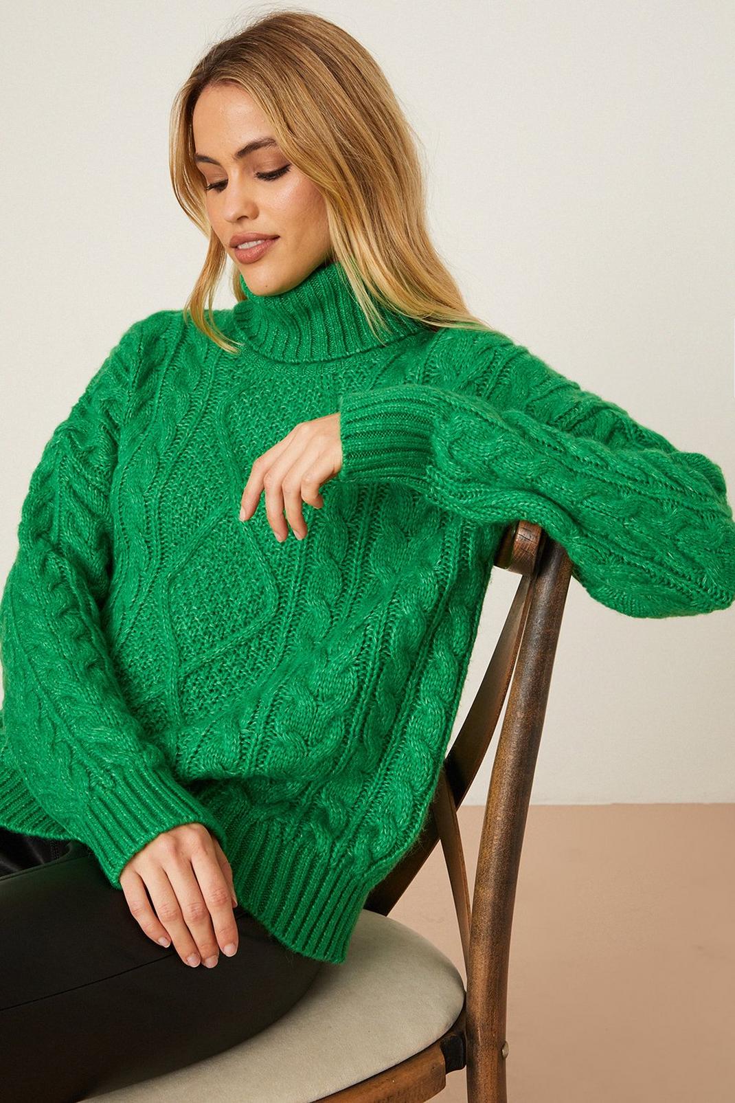 Green Chunky Cable Roll Neck Jumper image number 1