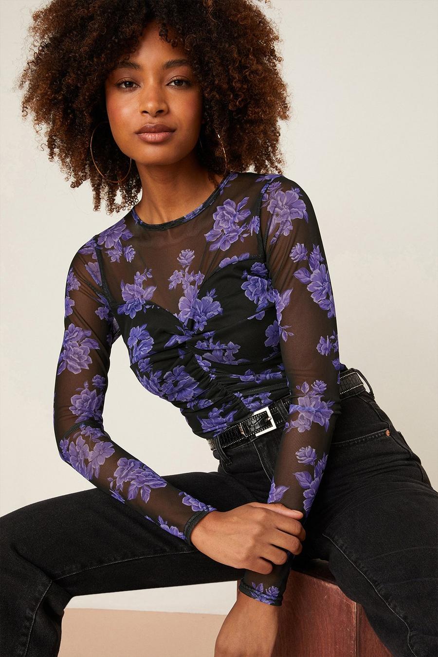 Floral Knot Detail Ruched Front Long Sleeve Top