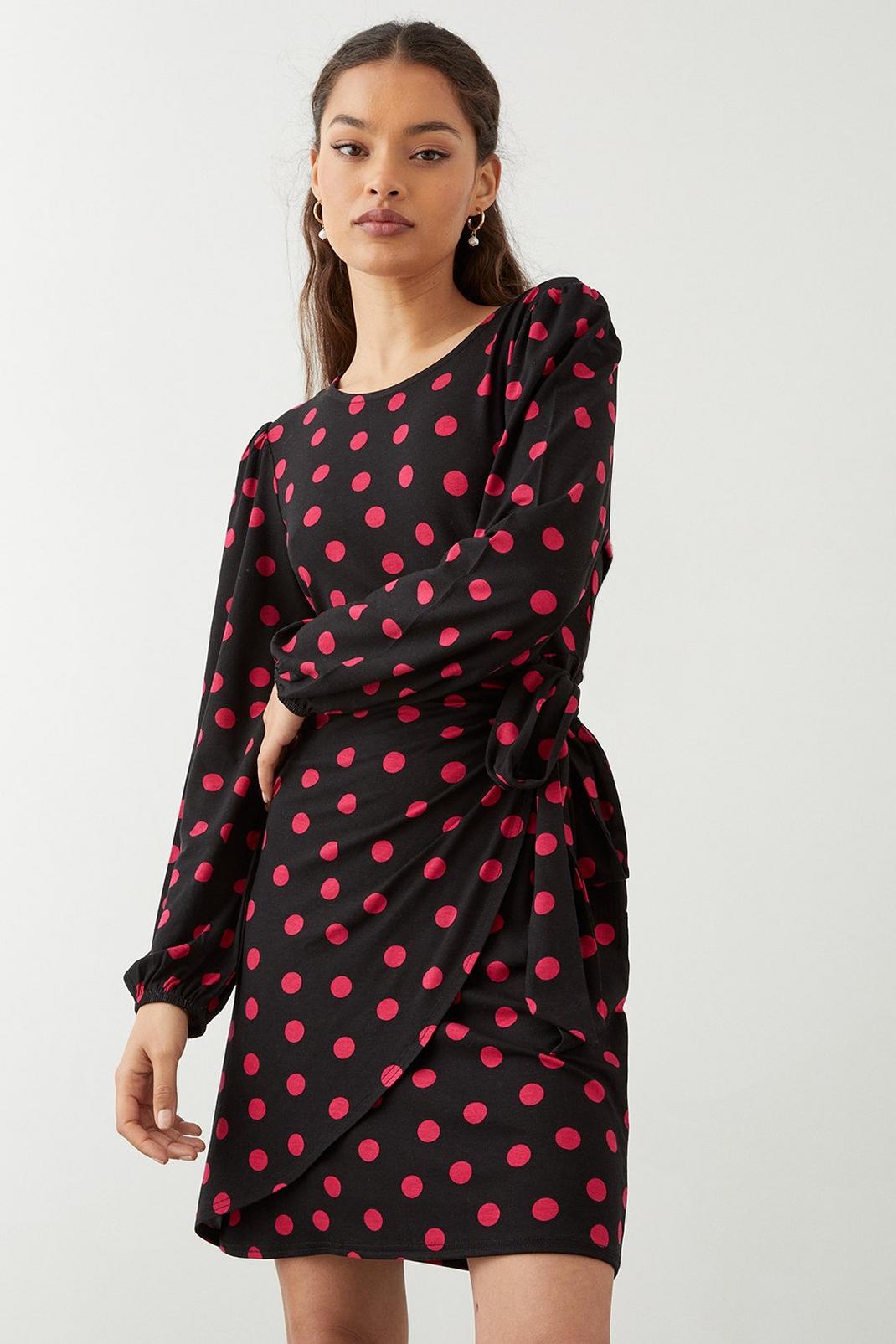 Black Petite Pink Spot Print Long Sleeve Wrap Mini Dress image number 1