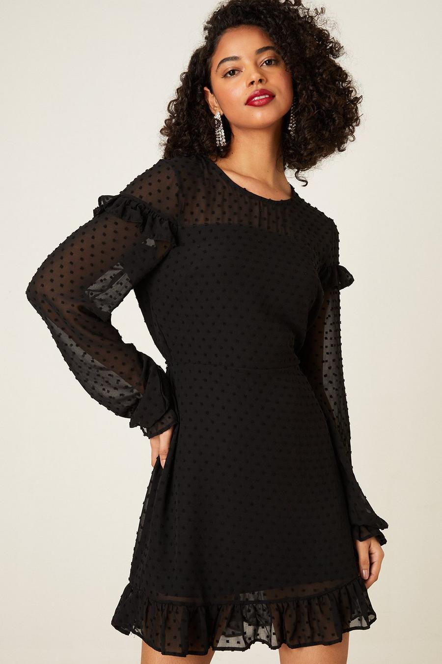 Black Textured Spot Long Sleeve  Mini Dress