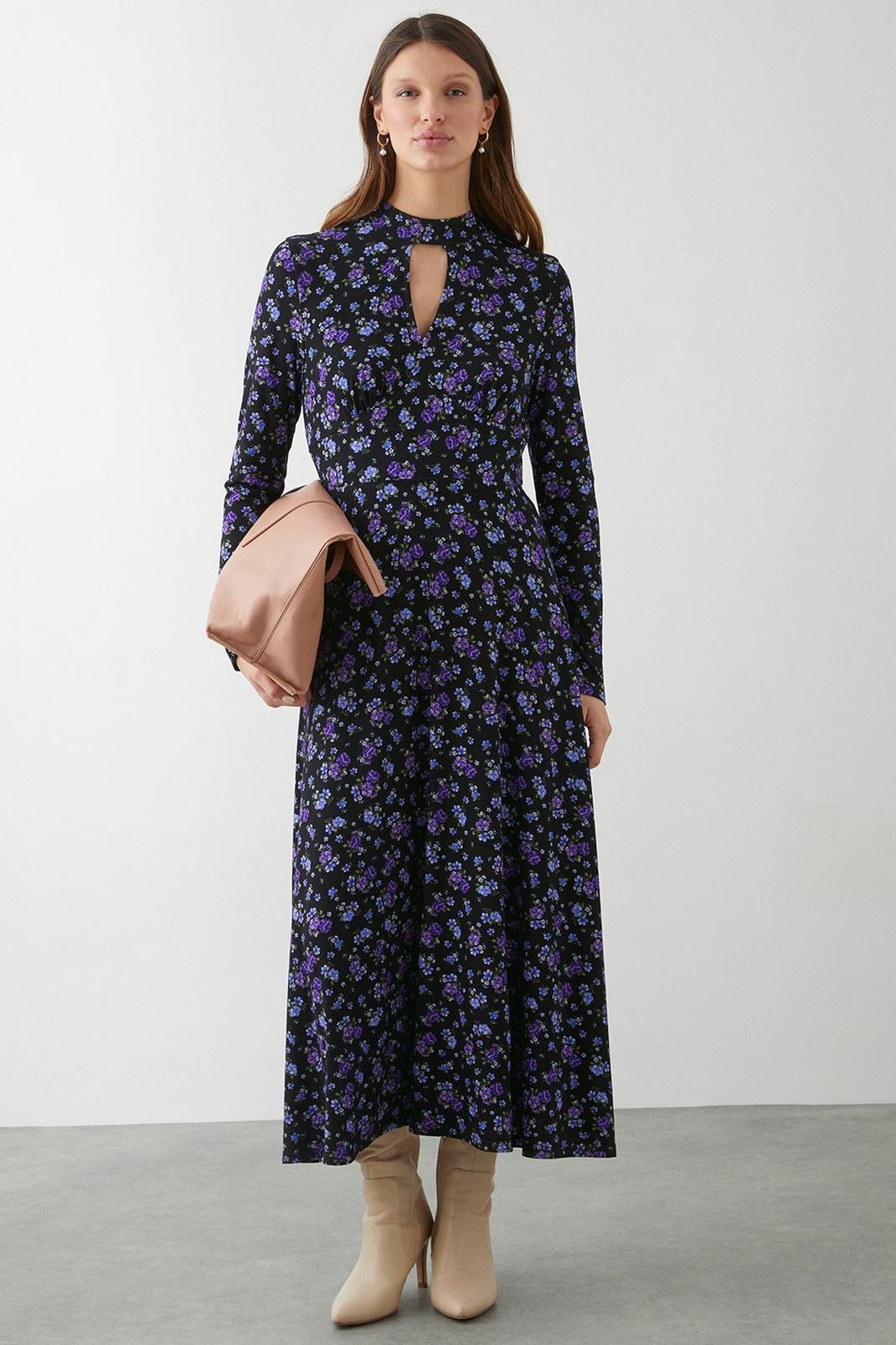 Purple Ditsy Ruched Long Sleeve Midi Dress image number 1