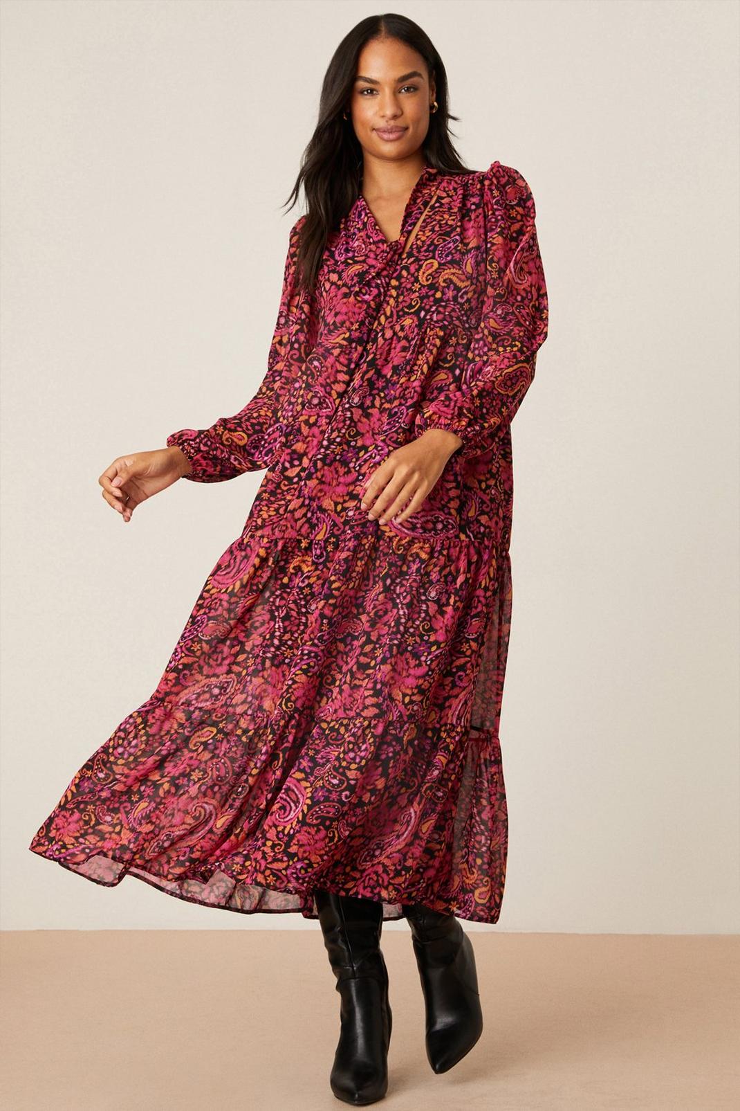 Multi Paisley Print Long Sleeve  Chiffon Smock Midi Dress image number 1