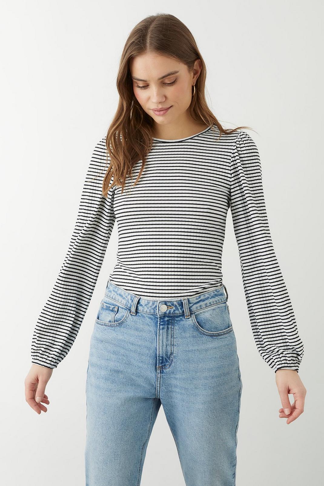 White Stripe Crew Neck Long Sleeve Top image number 1