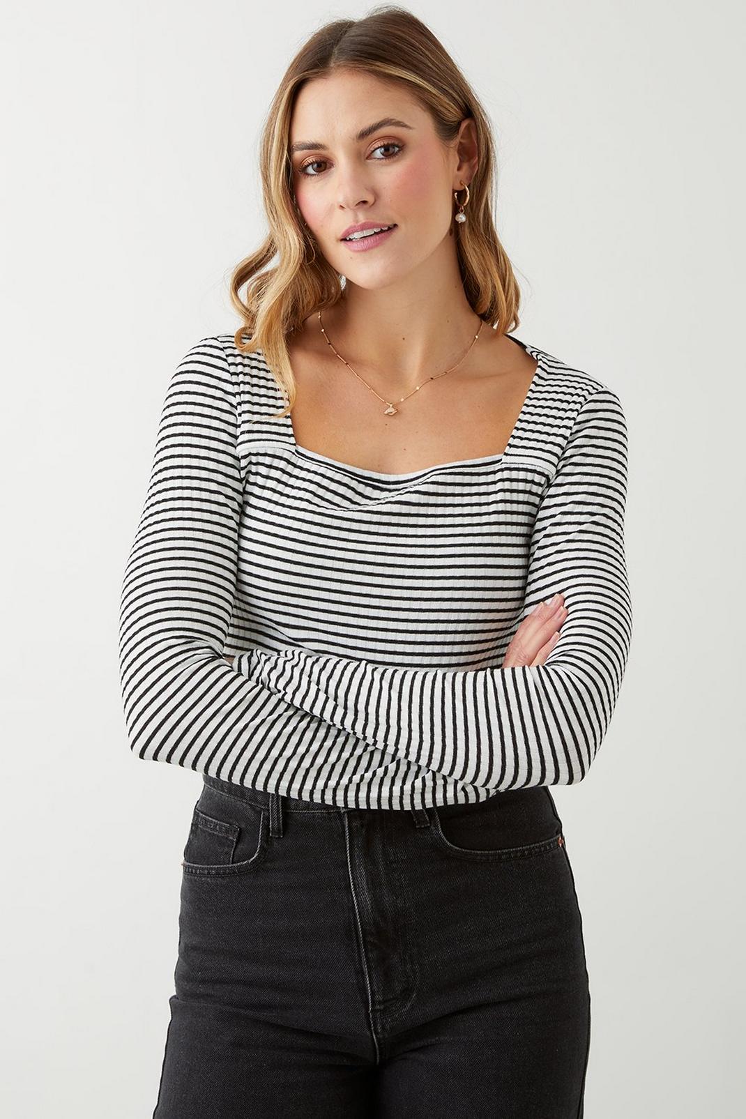 White Stripe Square Neck Long Sleeve Top image number 1