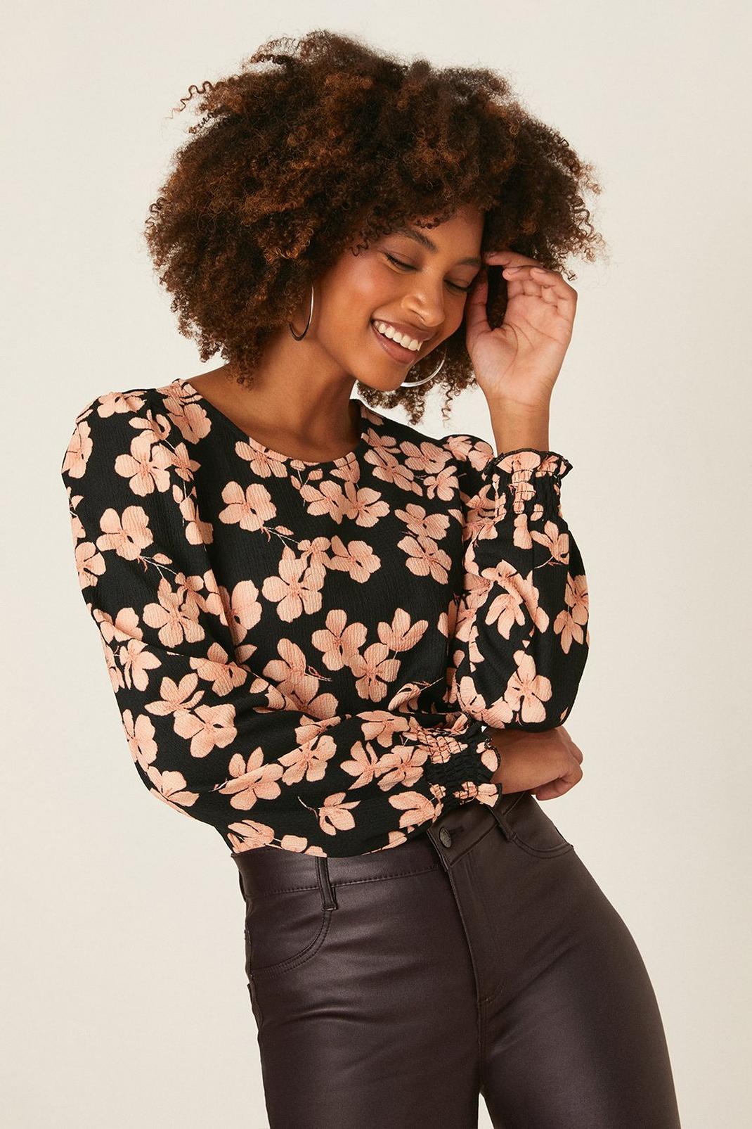 Mono Floral Shirred Cuff Long Sleeve Top image number 1