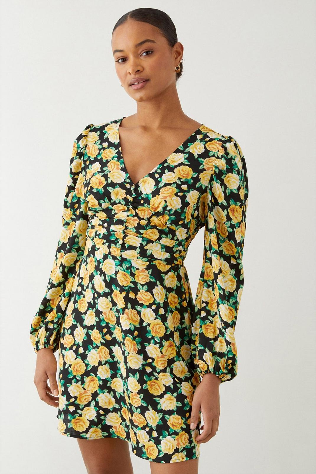 Yellow Rose Print Button Front Mini Dress image number 1