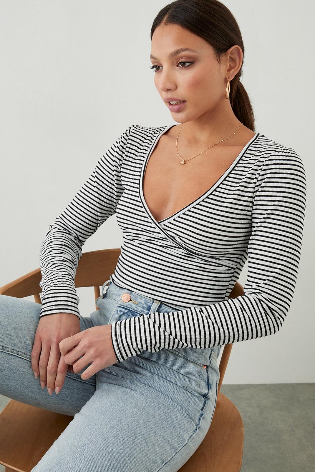 White Tall Striped Wrap Top image number 1