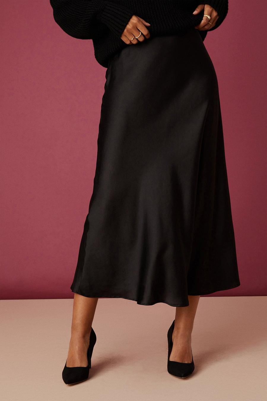 Petite Black Satin Bias Midi Skirt