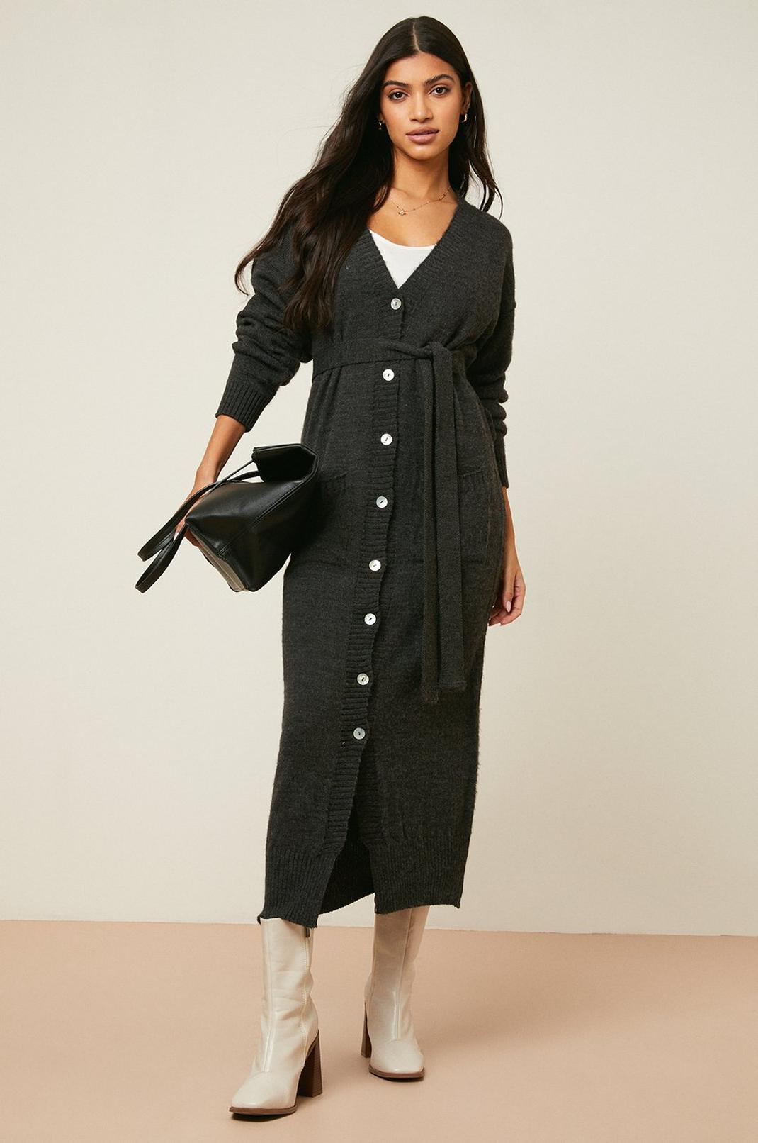 Charcoal Button Through V Neck Dress image number 1