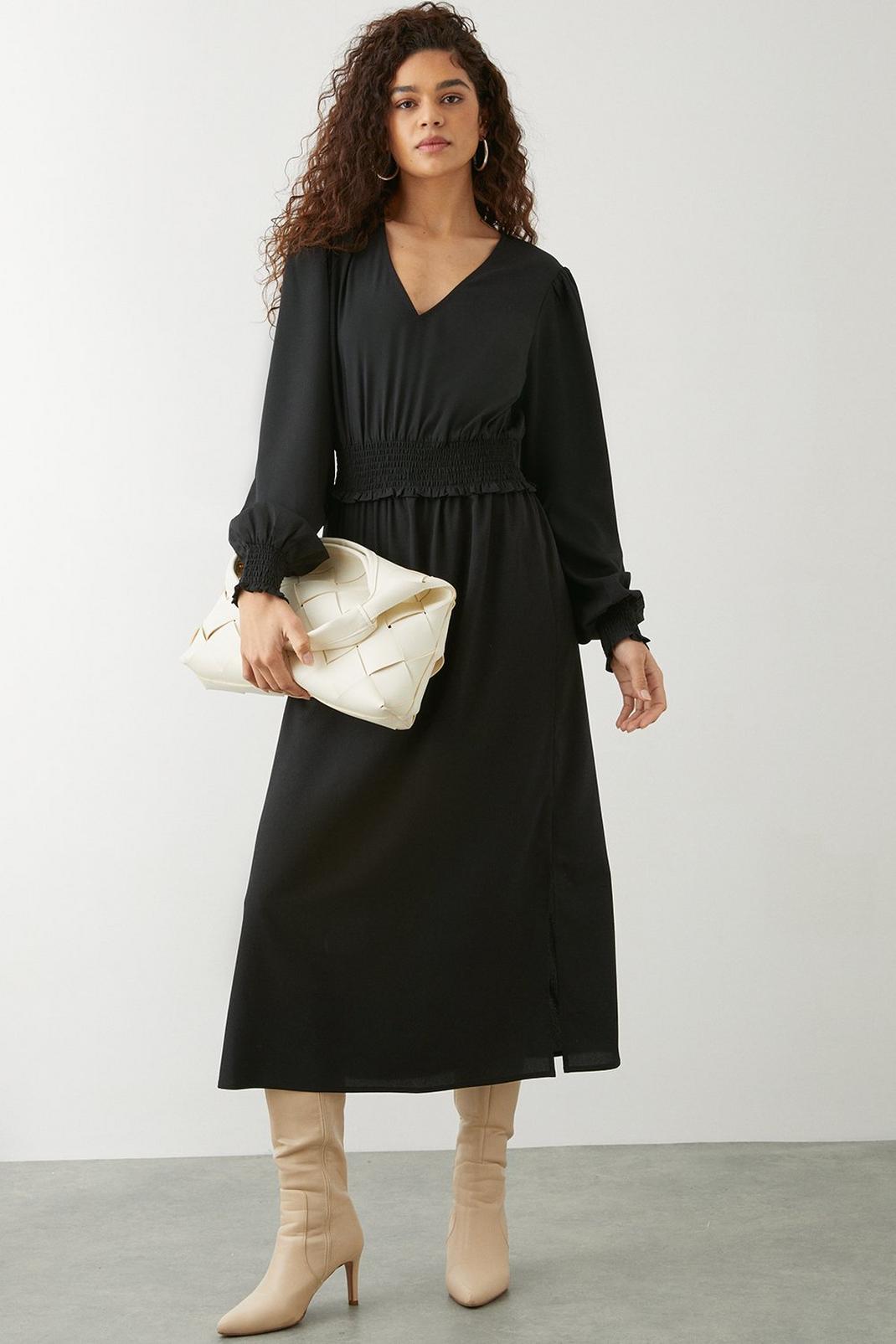 Tall Black Shirred Waist Midi Dress image number 1