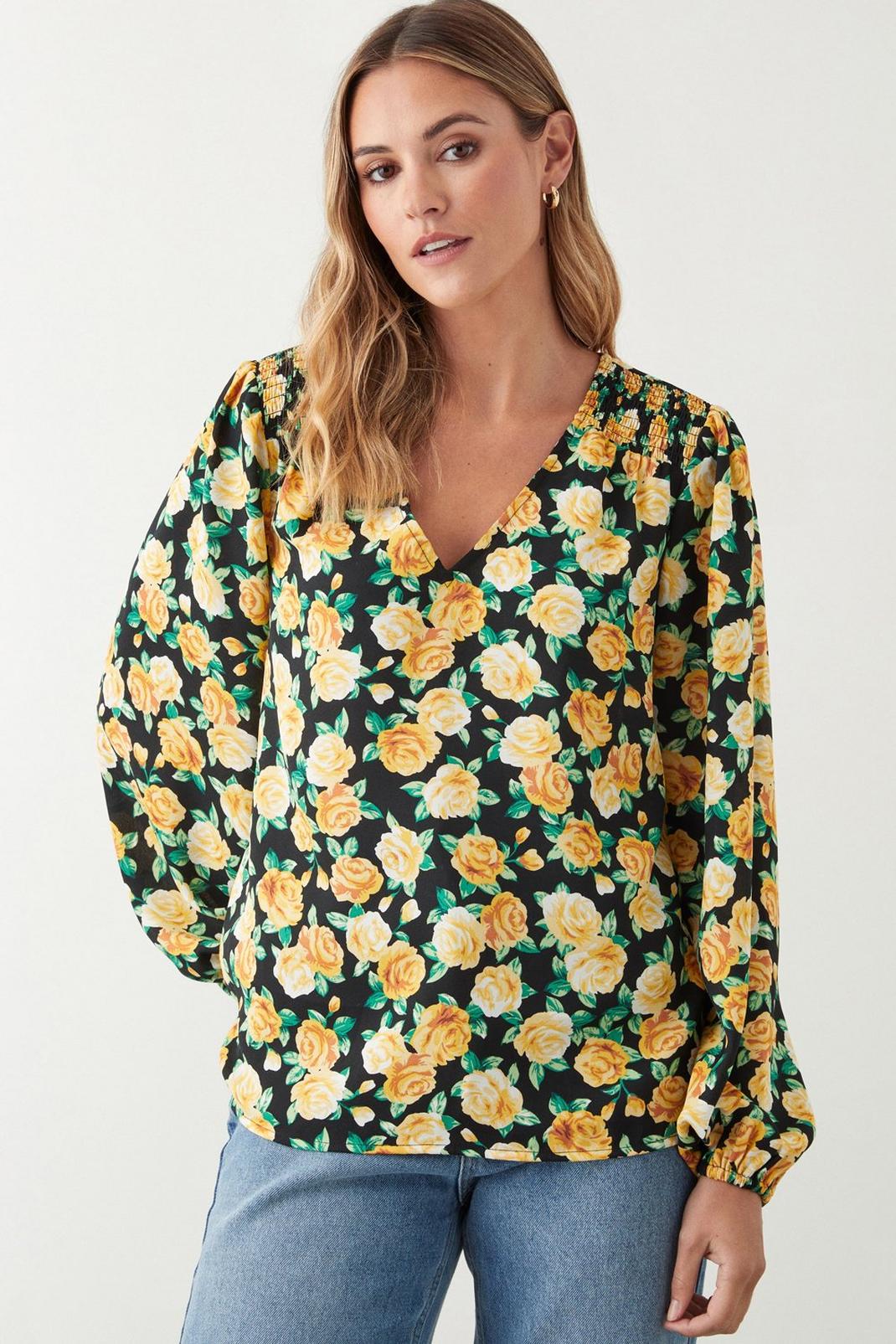 Black Yellow Floral Shirred Detail Blouse image number 1
