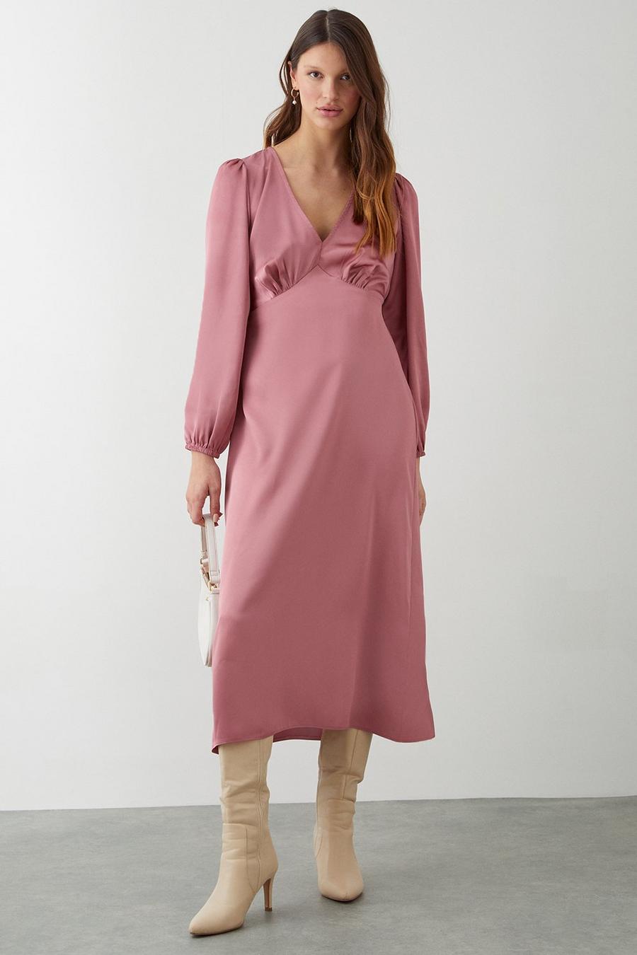 Rose Pink Satin Empire Midi Dress