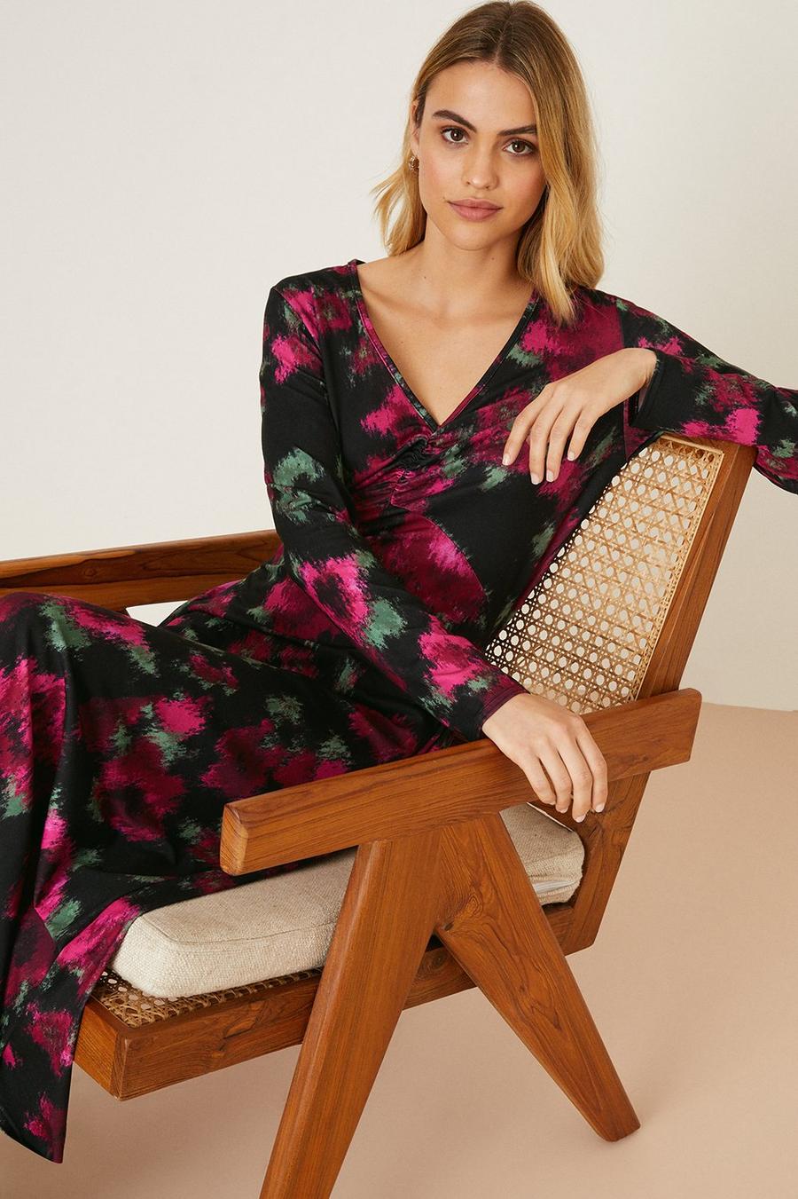 Blurred Floral Ruched Front Midi Dress