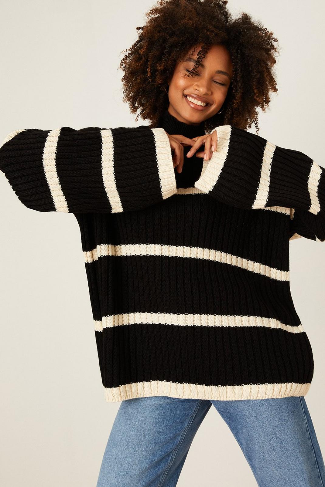 Black High Neck Stripe Knitted Jumper image number 1