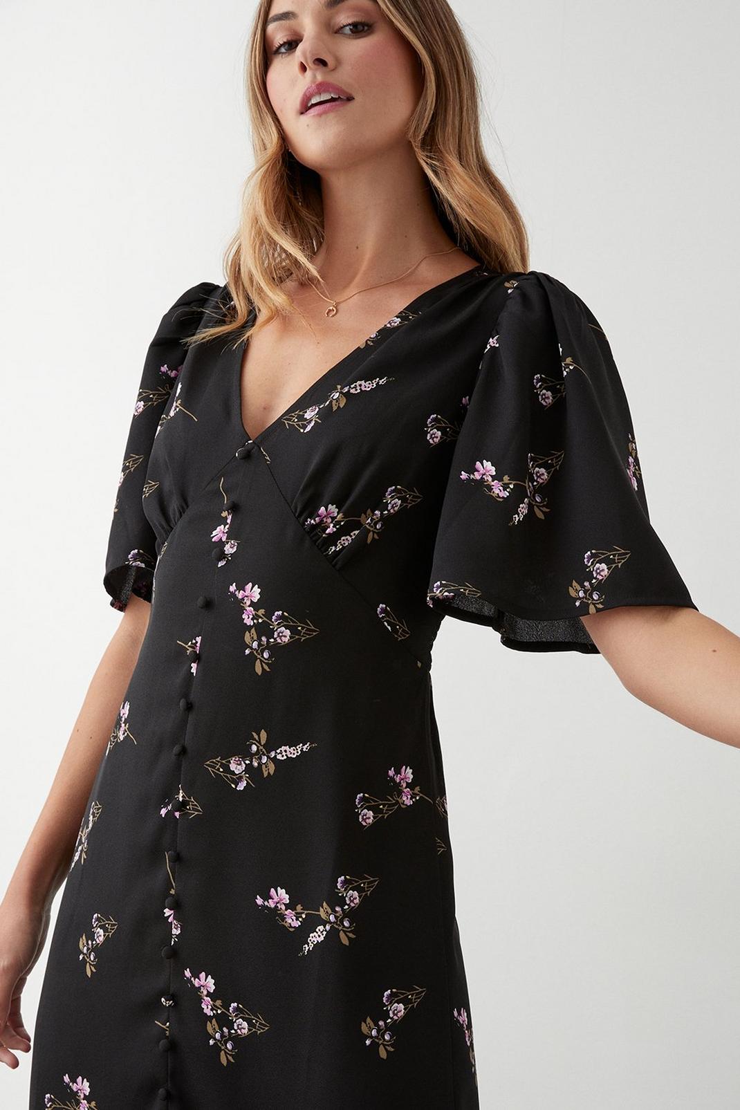 Black Floral Button Through Midi Dress image number 1