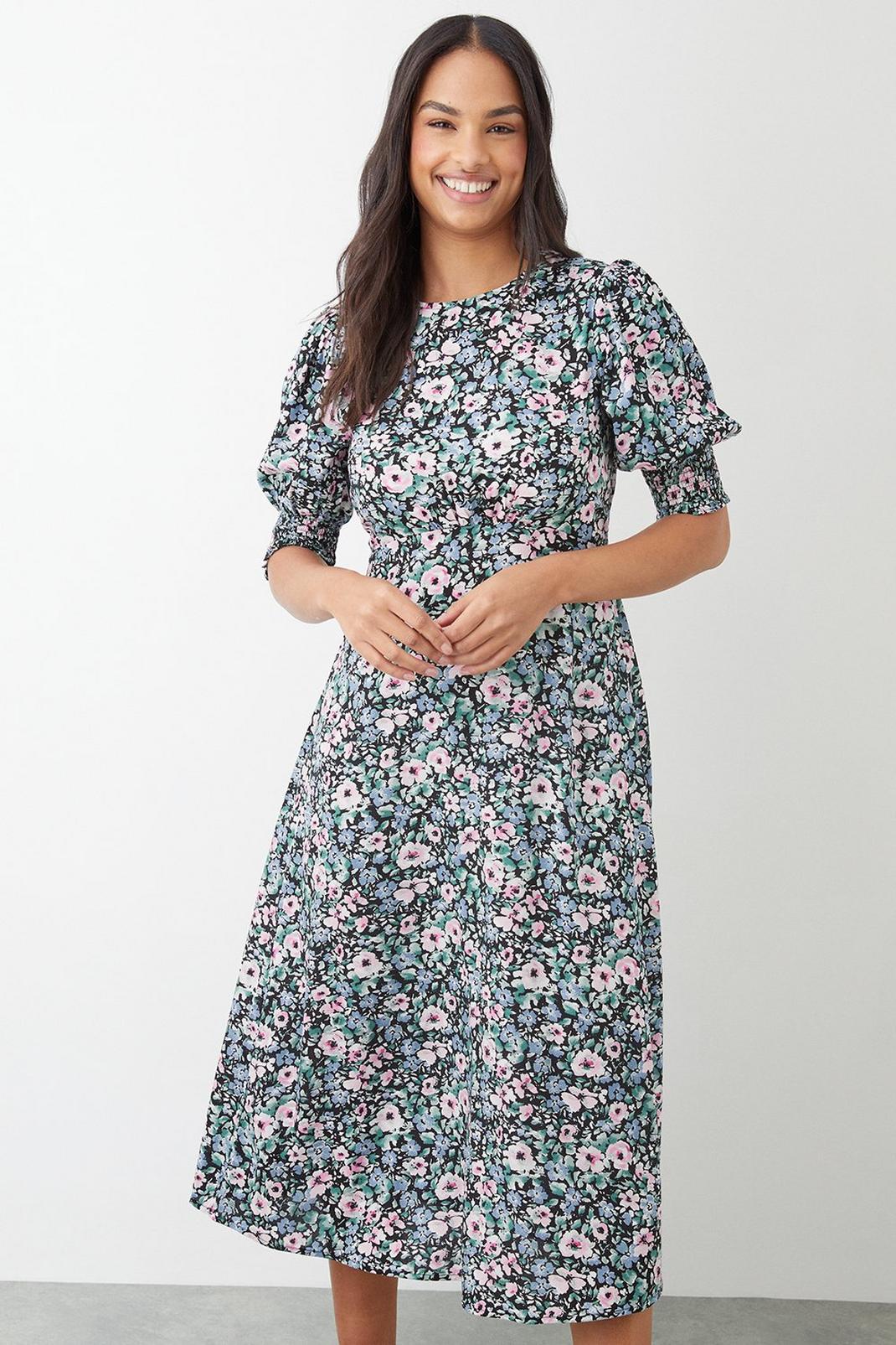 Multi Floral Shirred Cuff Midi Dress image number 1