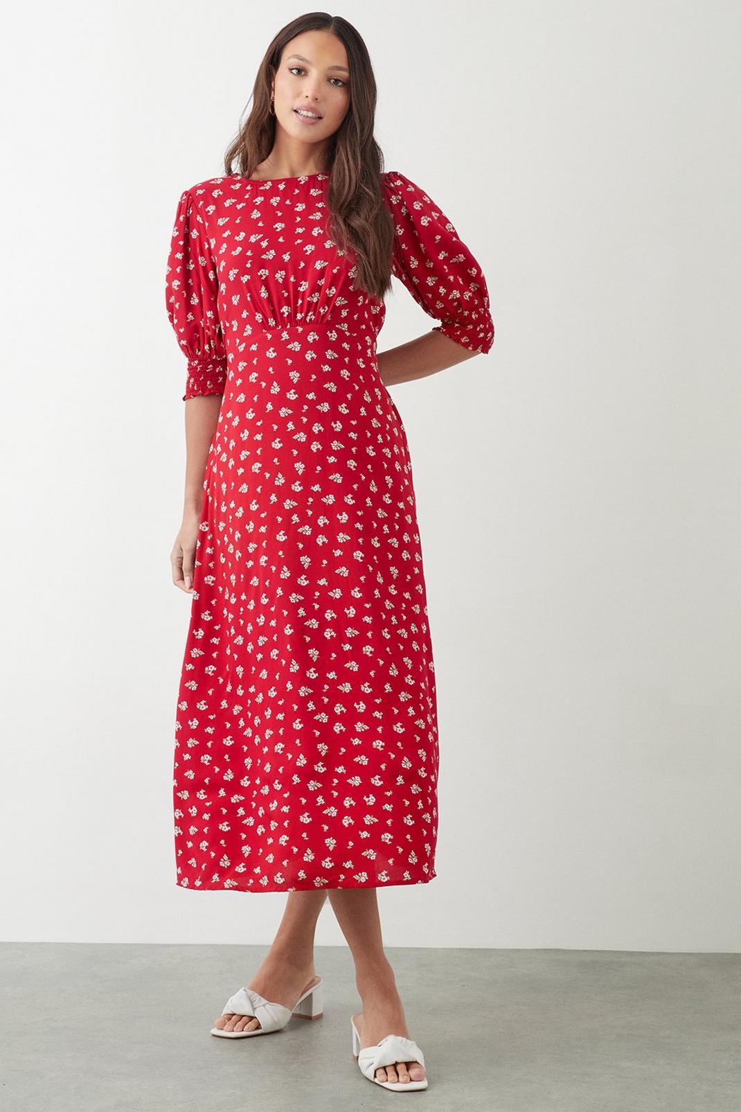 Tall Red Ditsy Floral Shirred Cuff Midi Dress image number 1