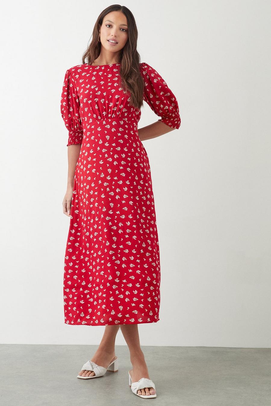 Tall Red Ditsy Floral Shirred Cuff Midi Dress