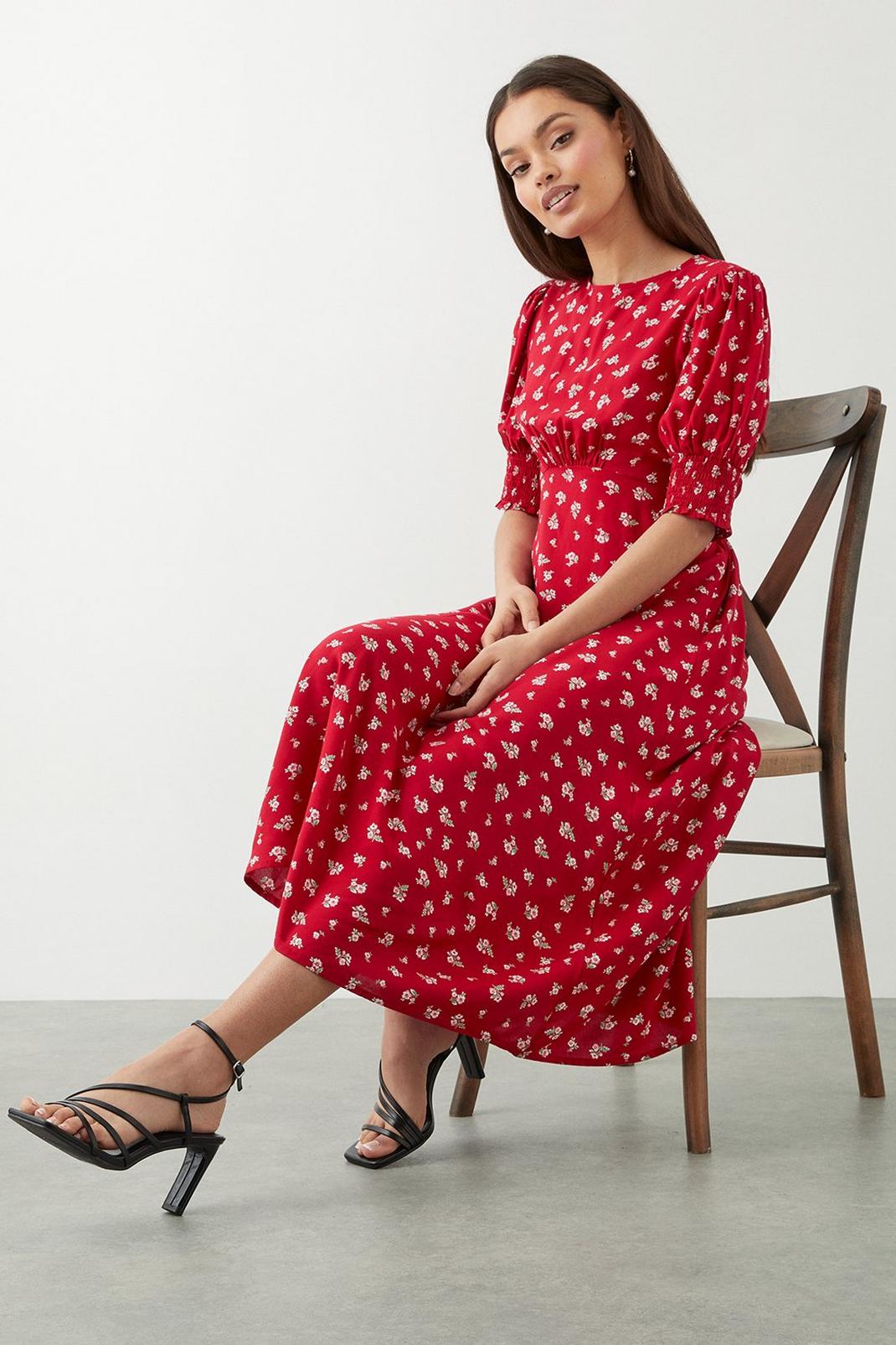 Petite Red Ditsy Floral Shirred Cuff Midi Dress image number 1