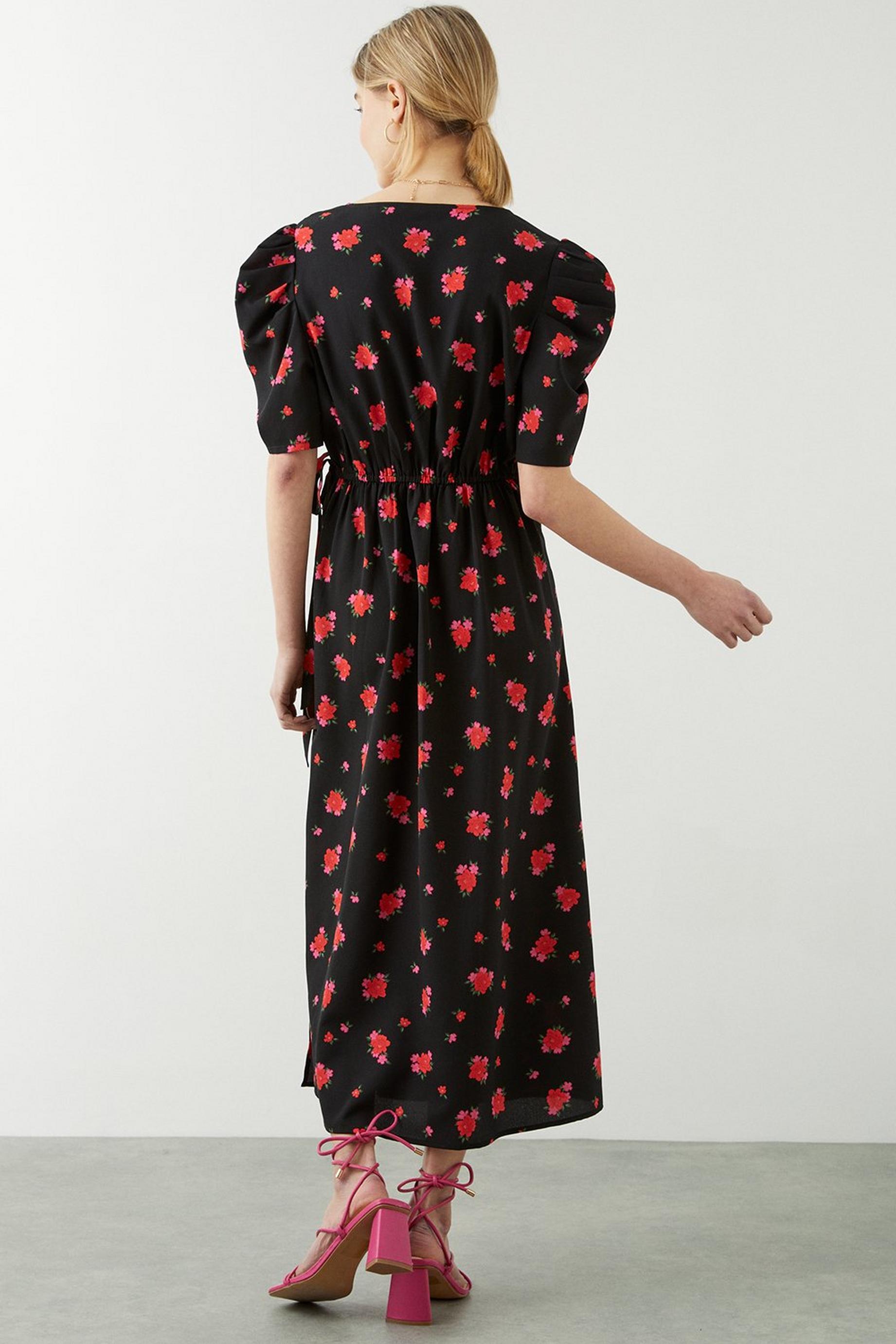 Black Floral Puff Sleeve Wrap Midi Dress