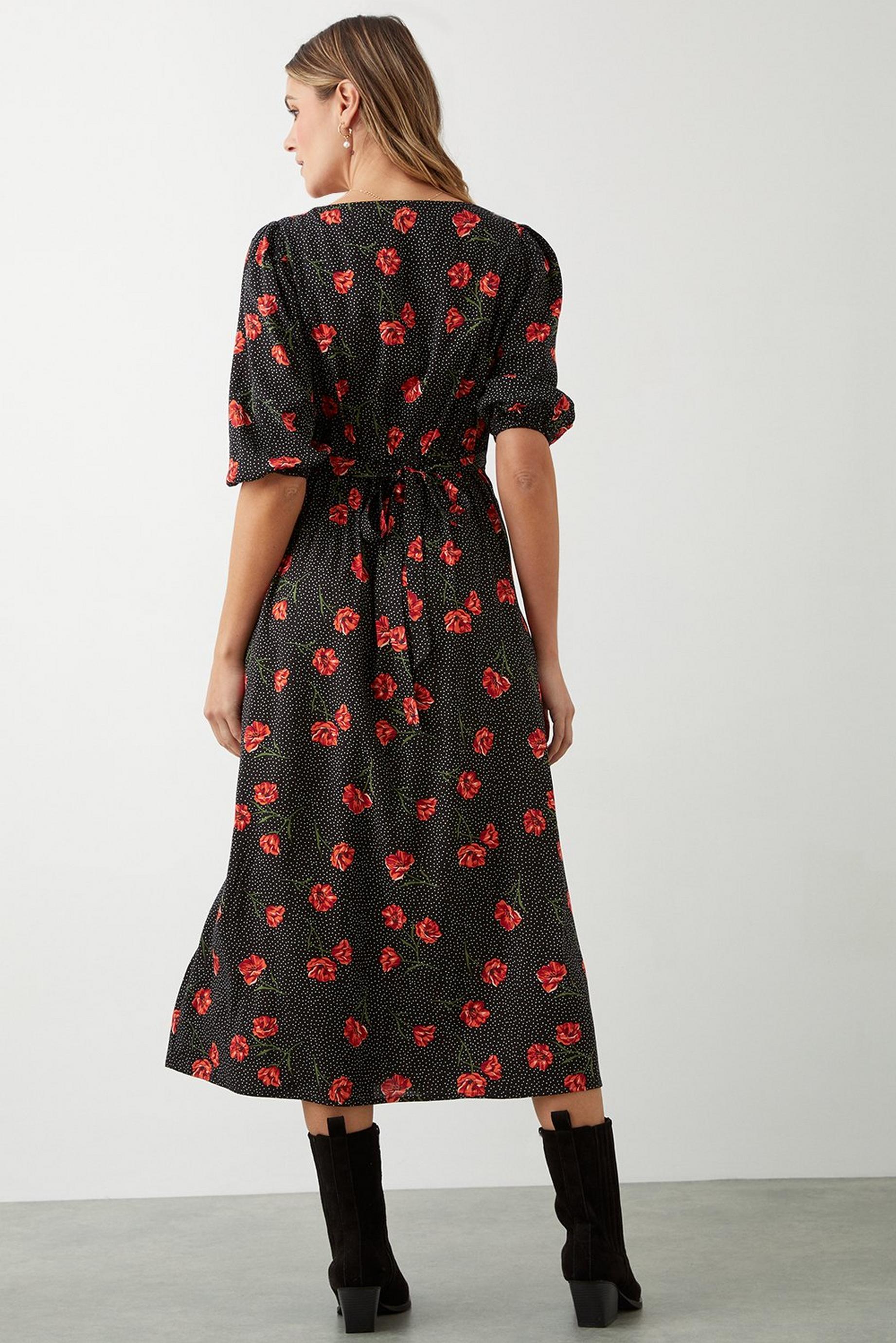 Black Spot Floral Button Through Midi Dress