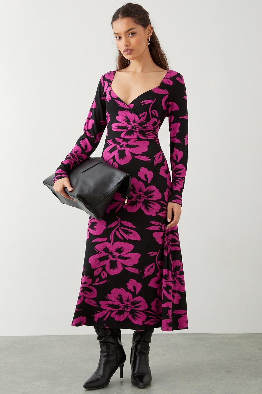 Black Petite Pink Floral Print Wrap Midi Dress image number 1