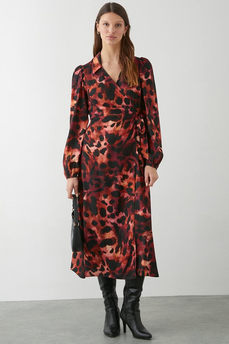 Leopard Print Long Sleeve Wrap Collar Midi Dress