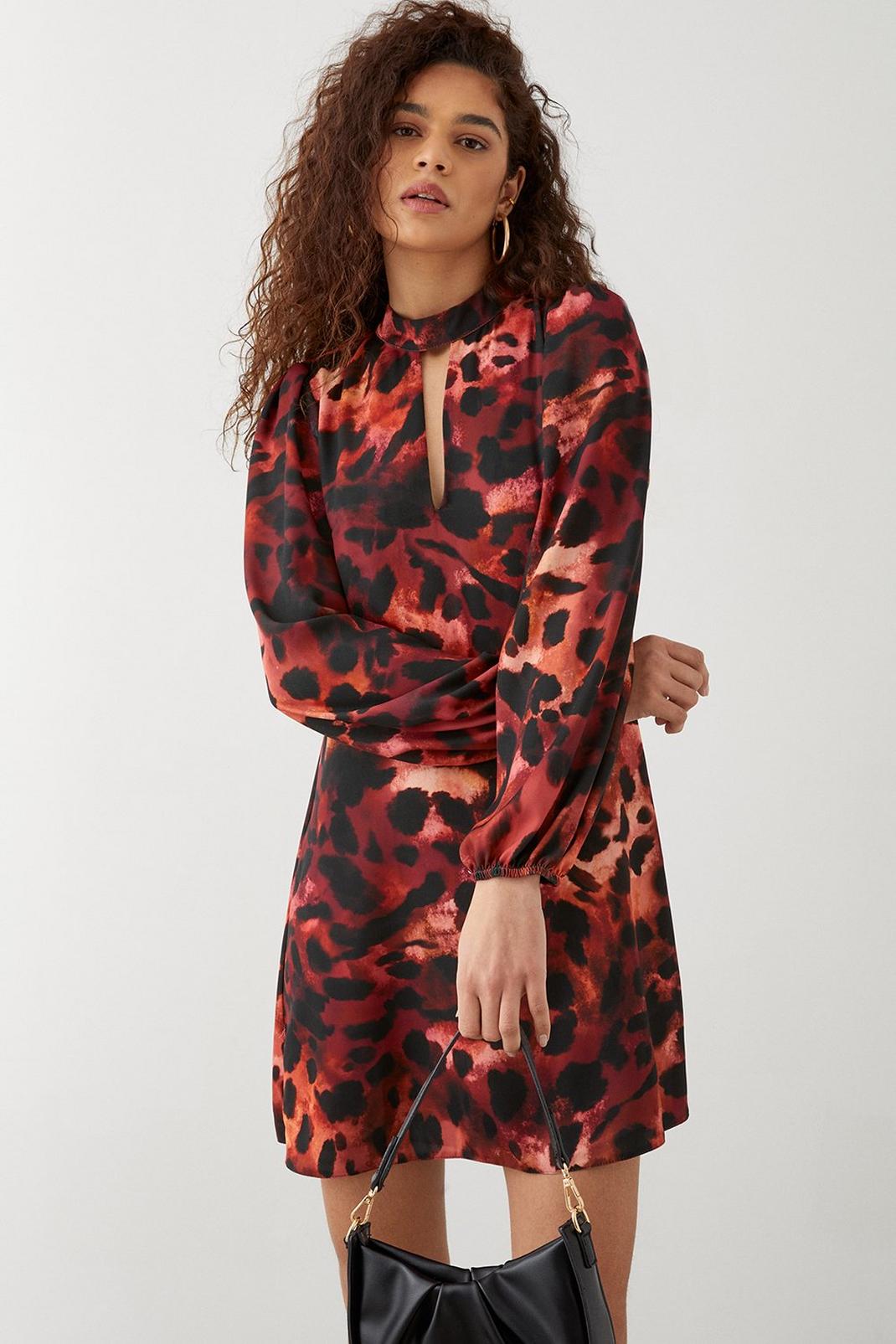 Leopard Print Keyhole Long Sleeve Mini Dress image number 1