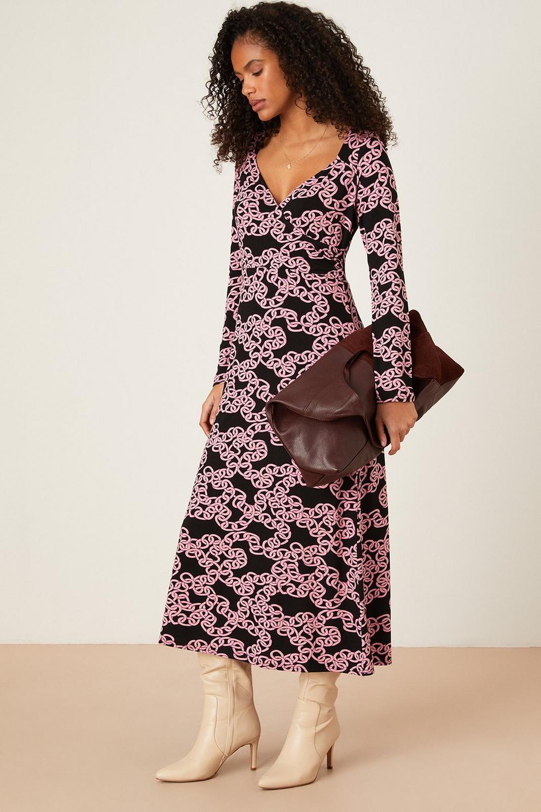 Pink Chain Long Sleeve Wrap Midi Dress image number 1