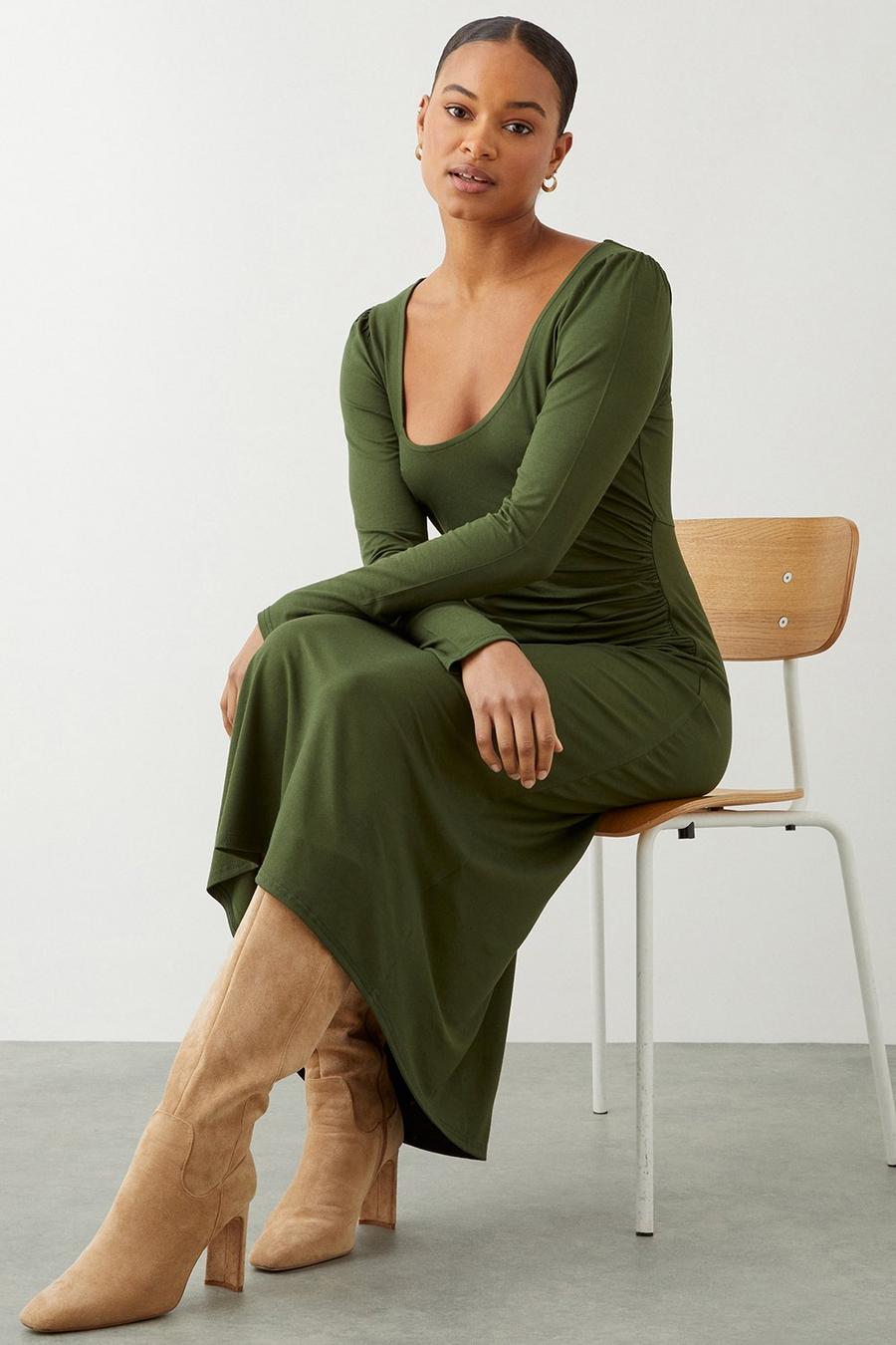 Scoop Neck Long Sleeve Ruched Midi Dress