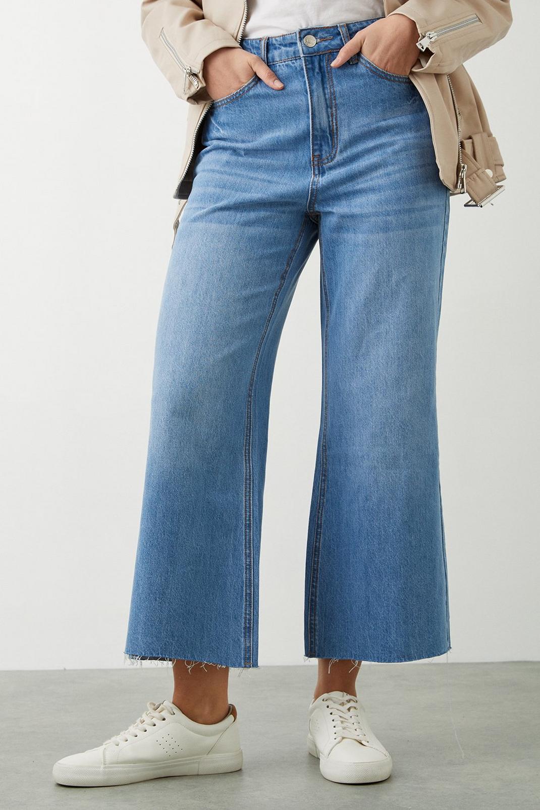 Mid wash High Rise Wide Leg Cropped Jeans image number 1