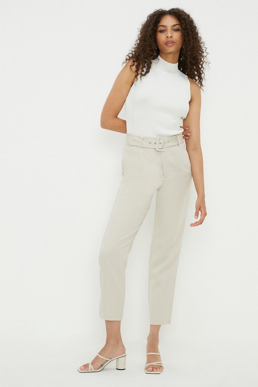 Stone High Waist Belted Slim Leg Trousers image number 1