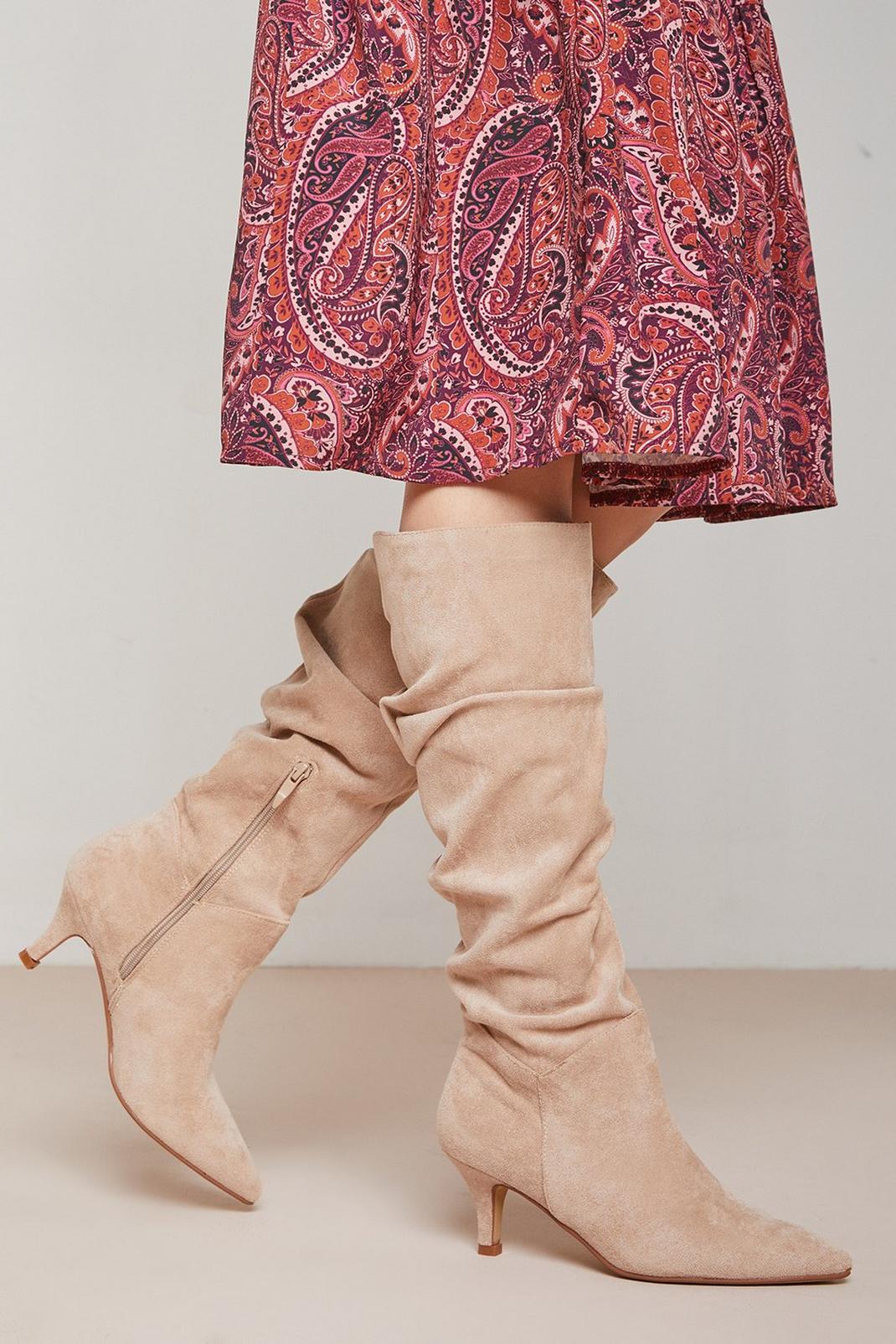 Taupe Kloe Ruched Low Heel Long Boots image number 1