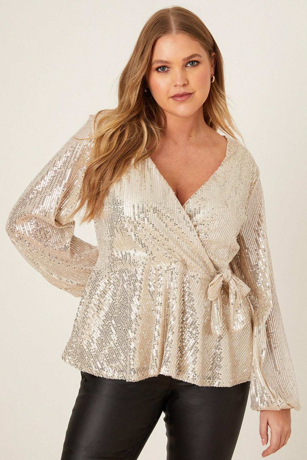 Champagne Curve Sequin Wrap Top image number 1