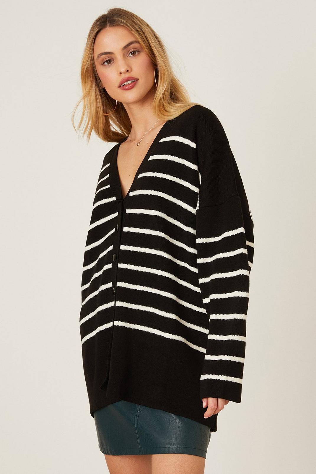 Black Striped Button Through Oversized Cardigan image number 1