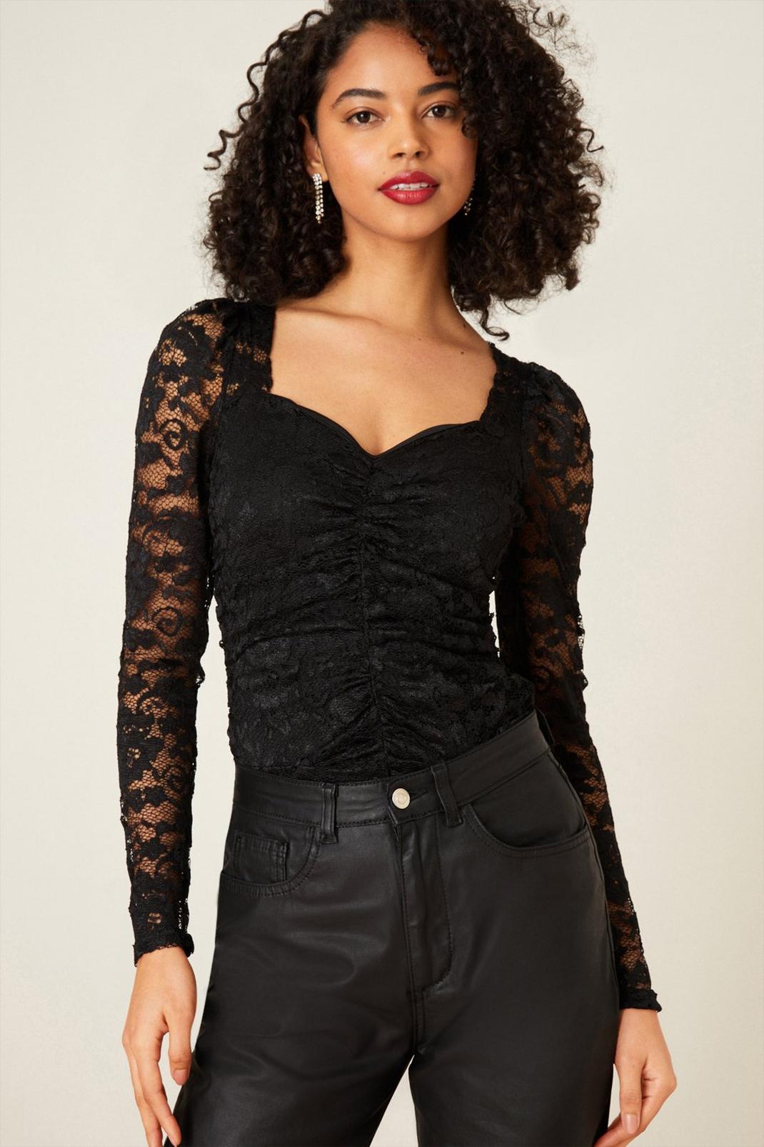 Black Sweetheart Lace Ruched Top image number 1