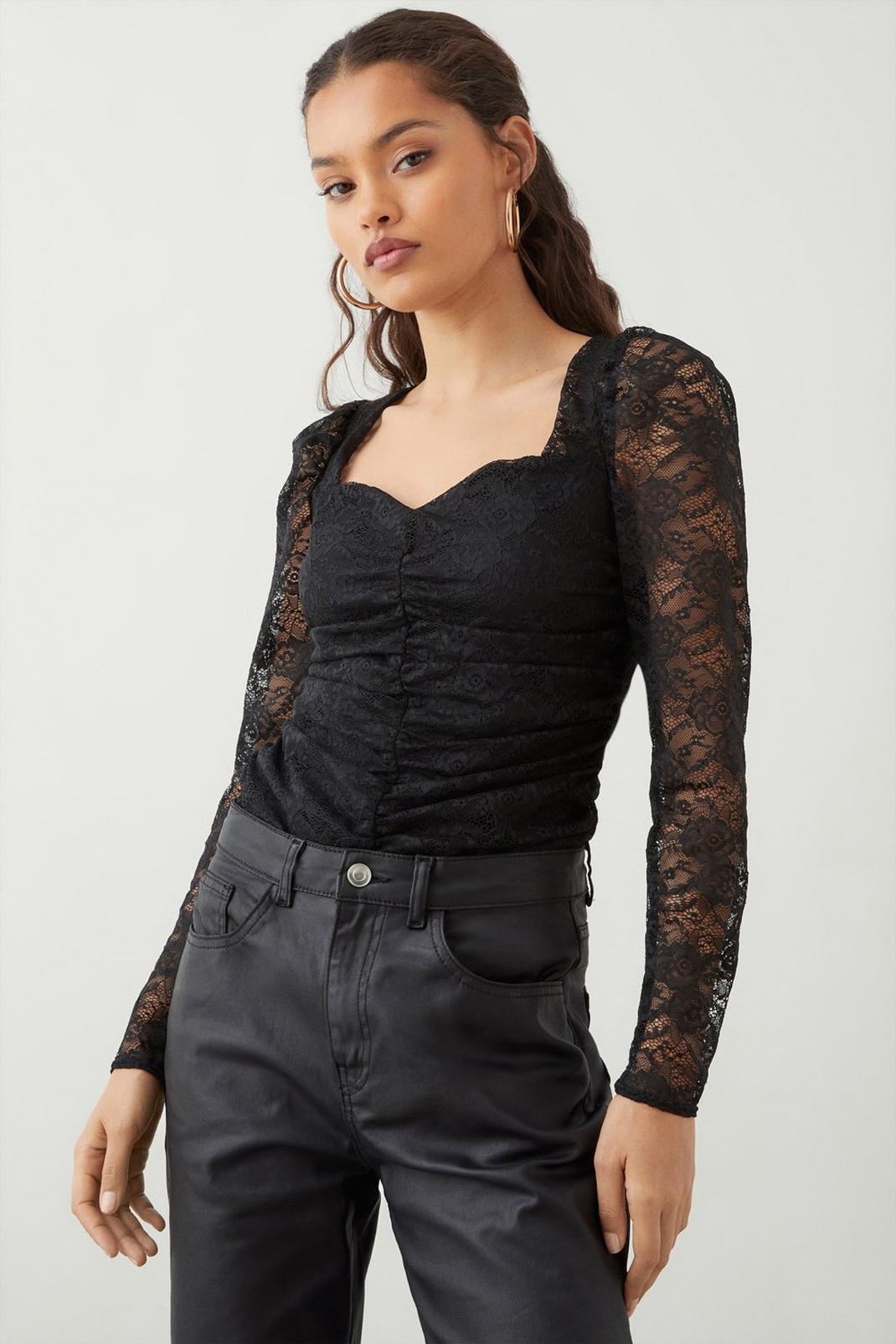 Black Petite Sweetheart Lace Ruched Top image number 1