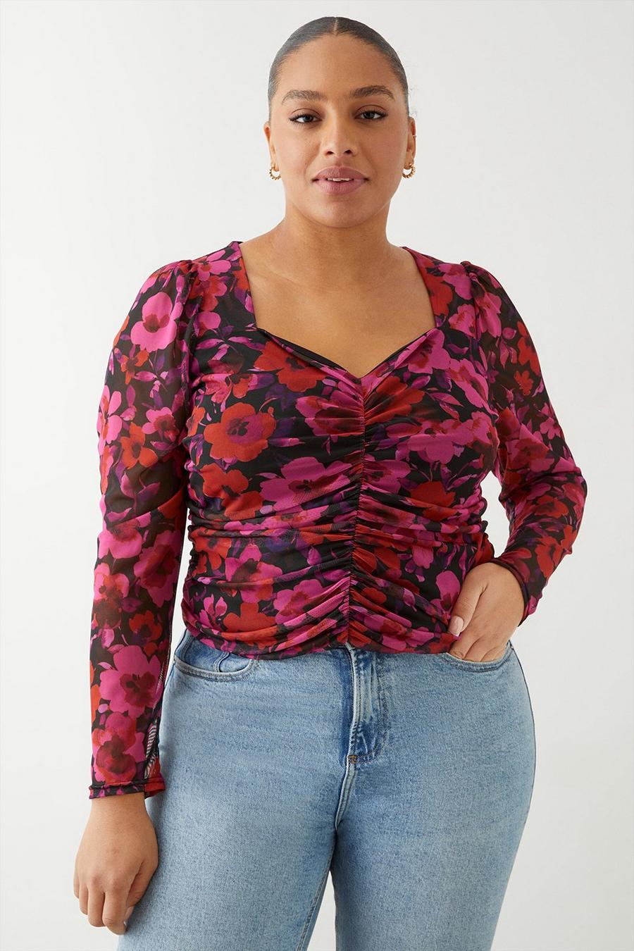 Curve Pink Floral Ruched Front Mesh Top