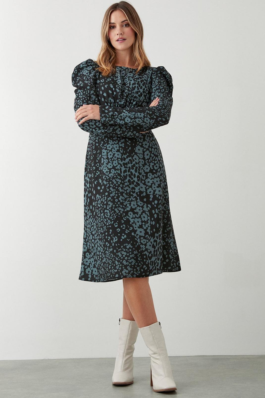 Khaki Print Long Sleeve Empire Midi Dress  image number 1